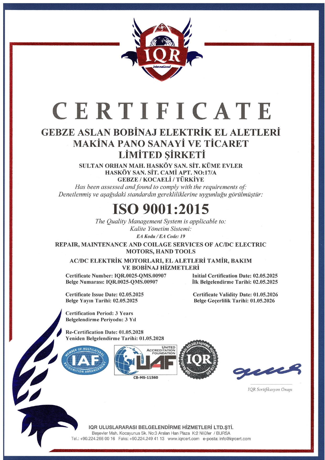 ISO 9001 Kalite Belgesi
